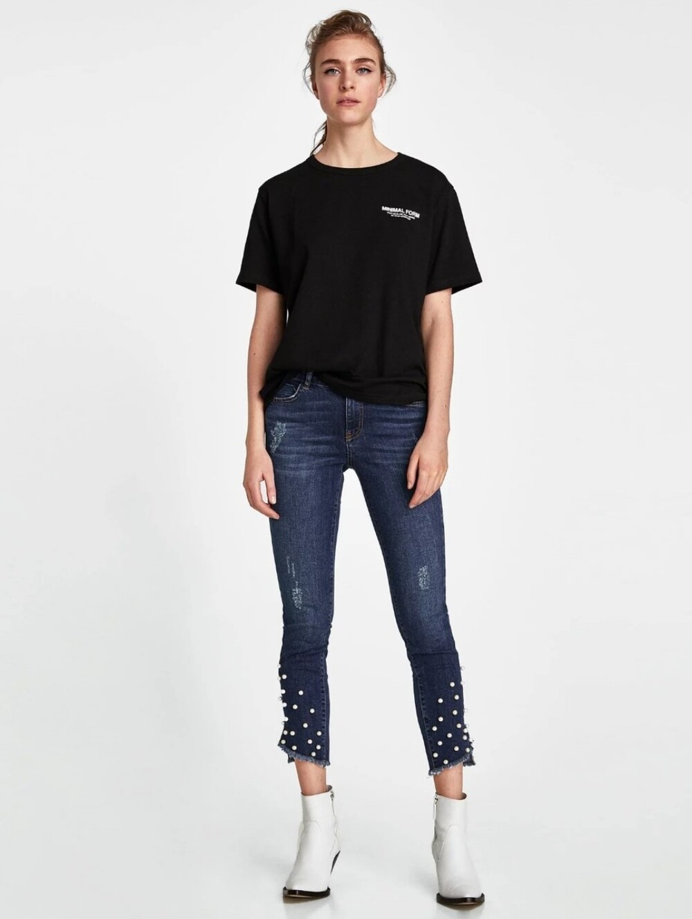 Zara Stylish Dark Blue Pearl-Embellished Hem Ankle Women's‎ Jeans Size 4
